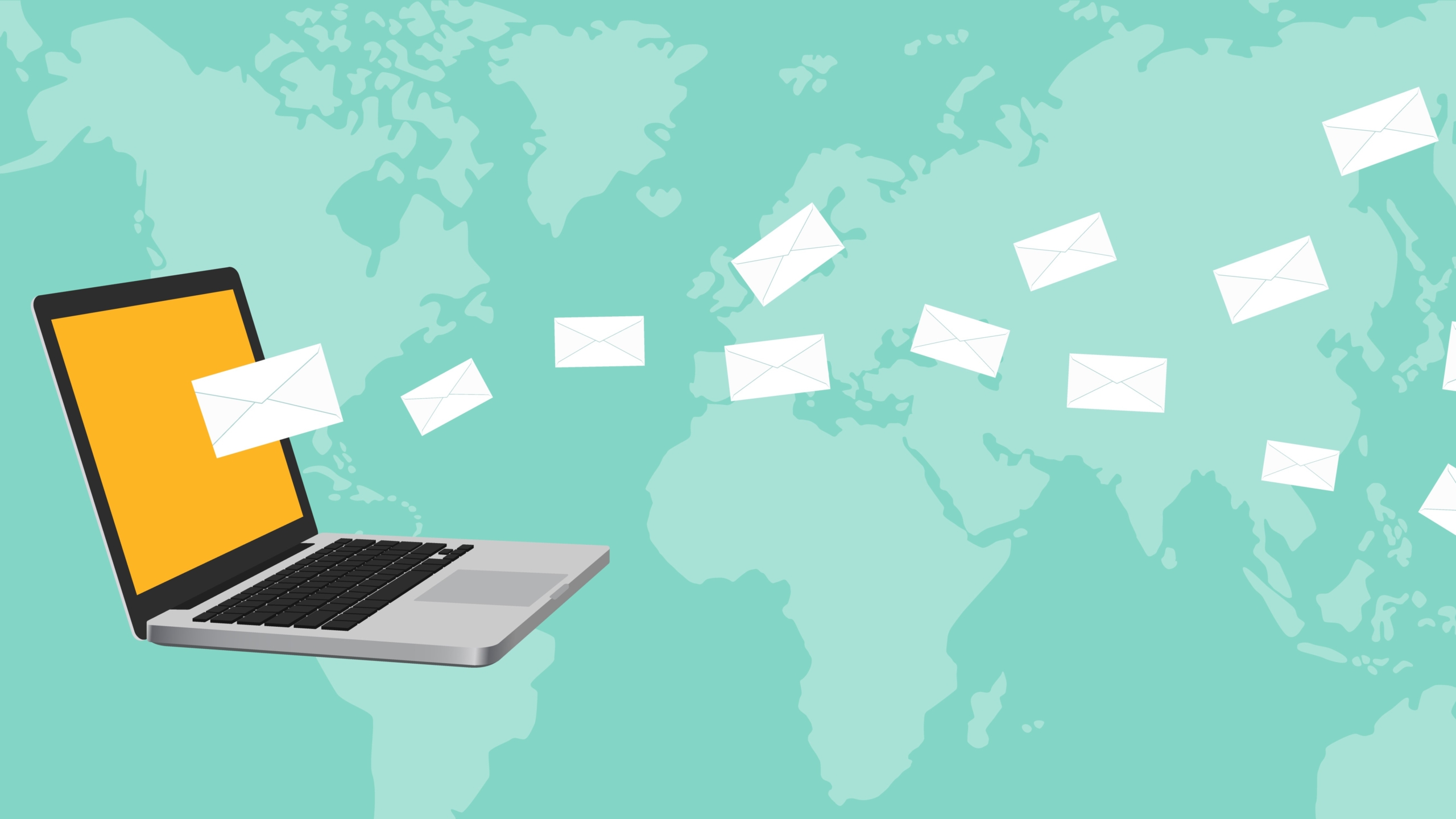 newsletter concept illustration with notebook laptop and mail flying spreading around the world with map as background